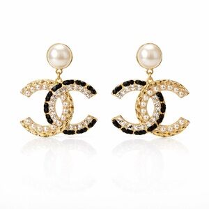 CHANEL Gold and Black Pearl Earrings